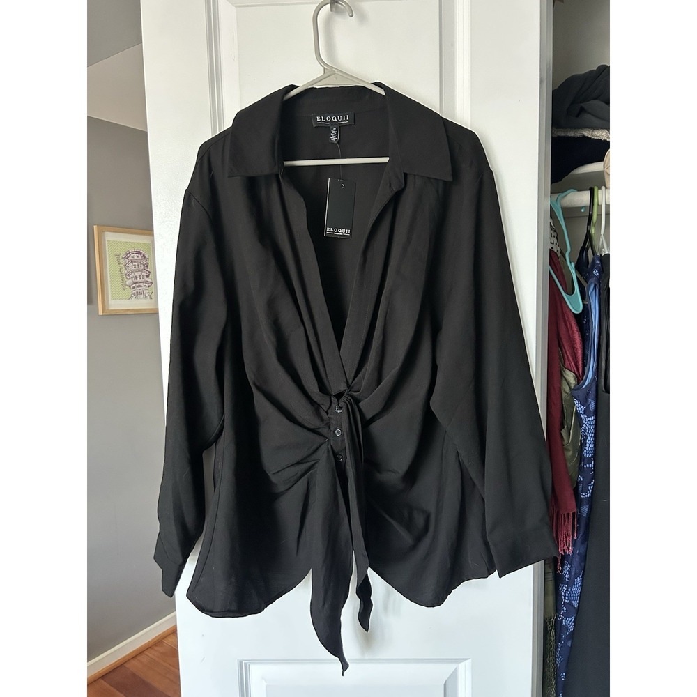 Eloquii NWT Women's Black Tie Front Collared Blouse Plus Size 22